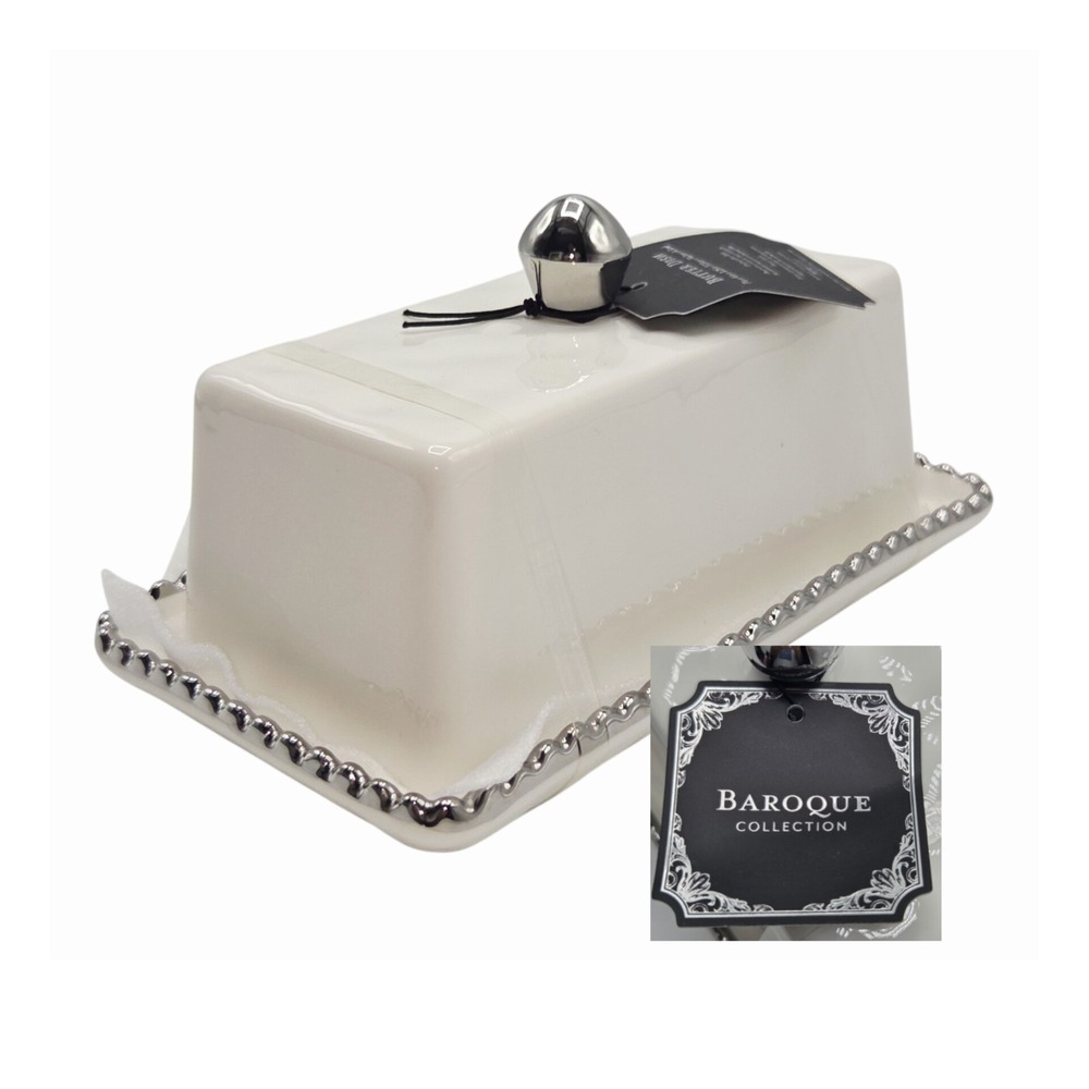 Baroque Collection White Ceramic Butter Dish With Lid Silver Beaded Trim 7x4x3.3